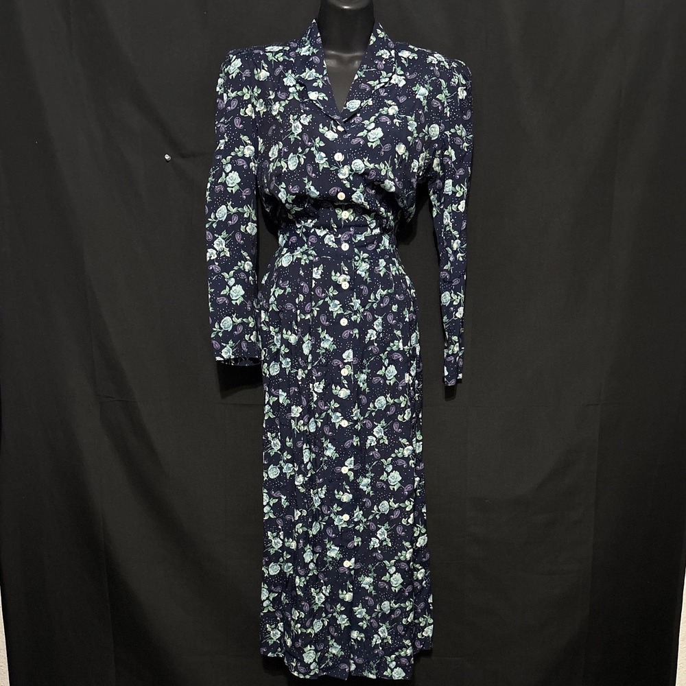 Maxi Dress 8 Navy Floral Paisley Cottagecore Button VTG 80s Whimsy Dark Fairy